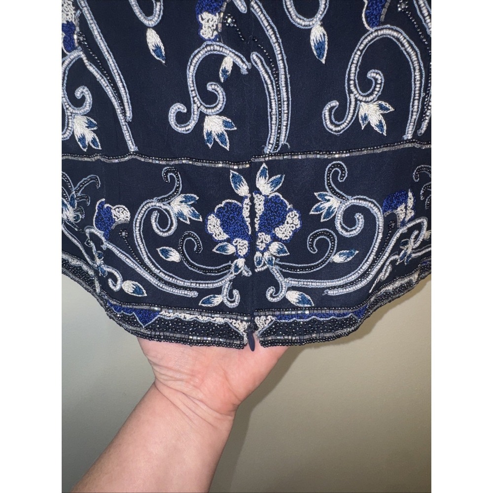 Vintage Adriana Papell Occasions Silk Beaded Blouse Women's 14 Navy Embroidered - Picture 8 of 8